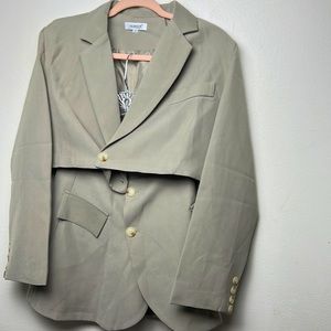 Here is a two piece set light grew blazer and mini skirt from Shein size S